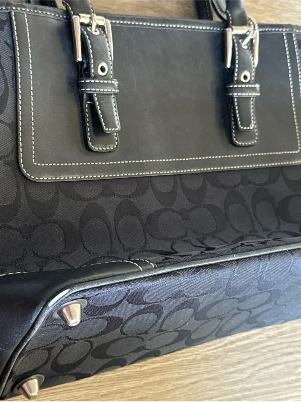Coach Black Signature Satchel with Leather Trim and Top Handles